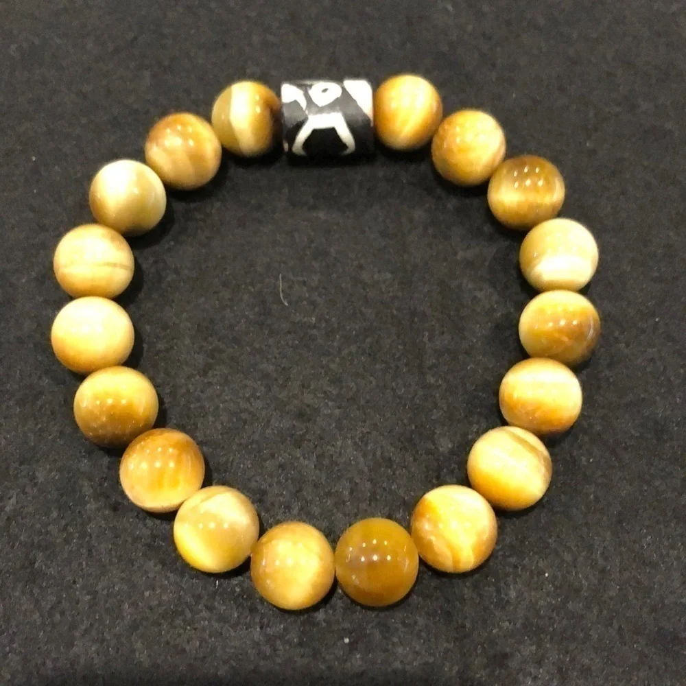 TIGER EYE AND HANDPAINTED WOOD stretch bracelet, one of a kind! 8.5”-9”